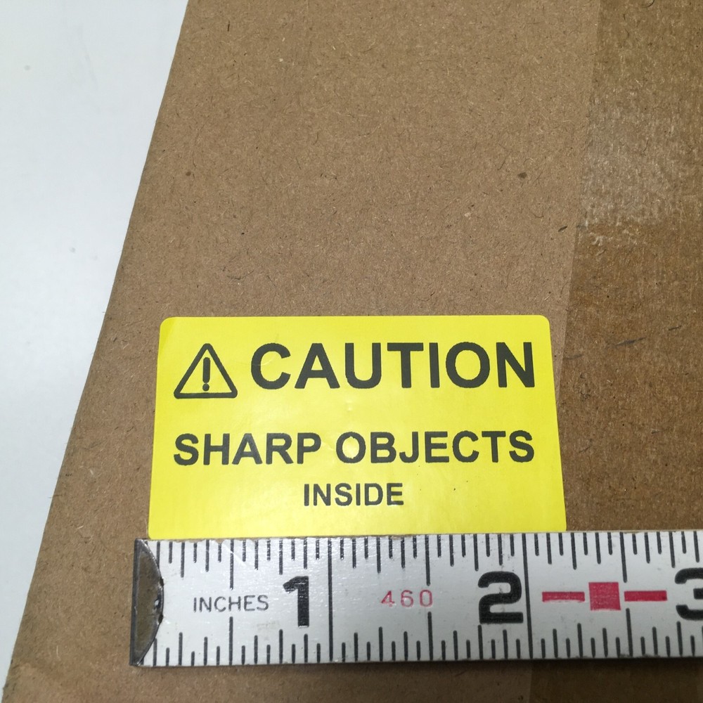 ⚠CAUTION SHARP OBJECTS INSIDE Warning Sticker Label Yellow 2.25" L x 1.25" H