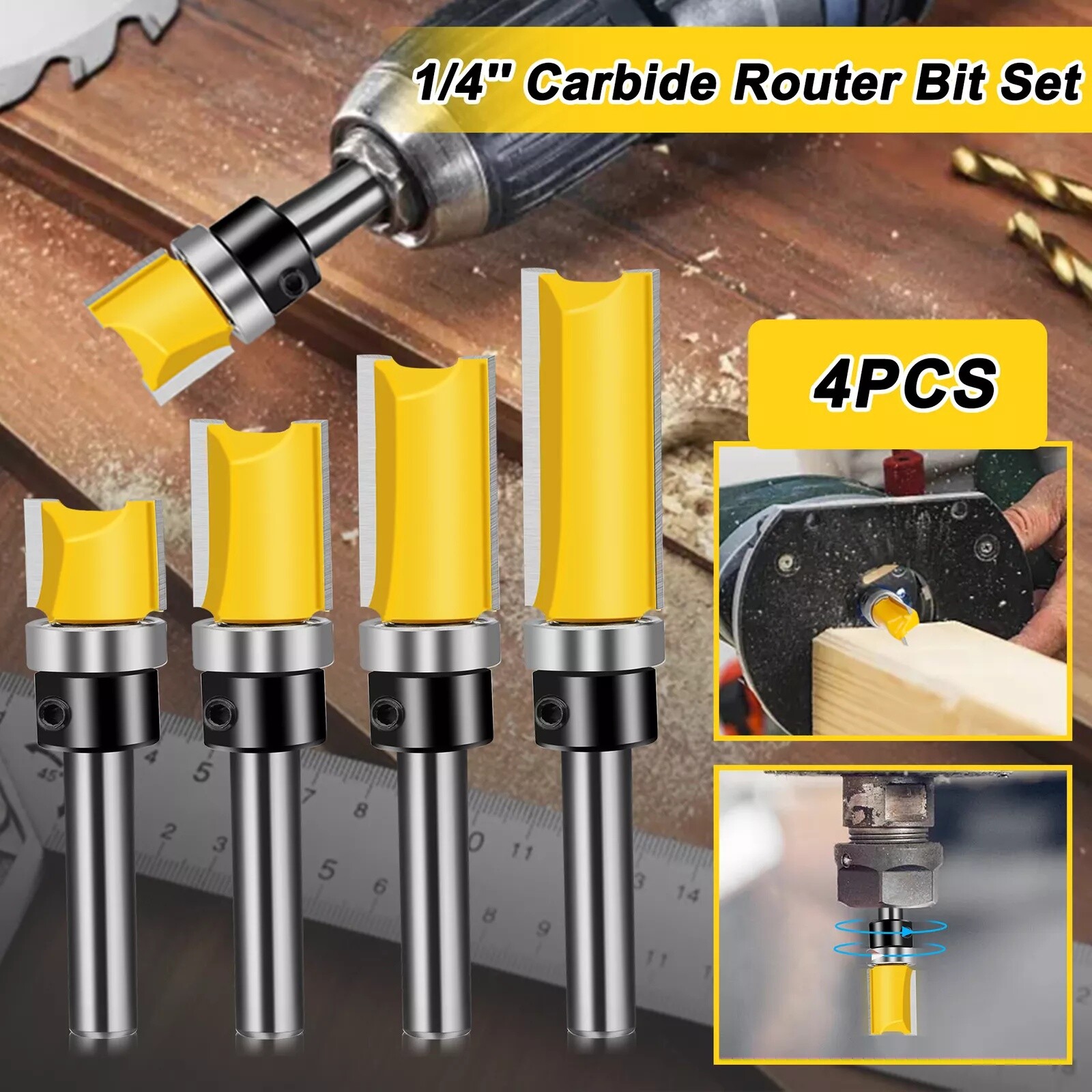 4Pcs 1/4'' Shank Top Bearing Flush Trim Carbide Router Bit Set Milling Cutter US