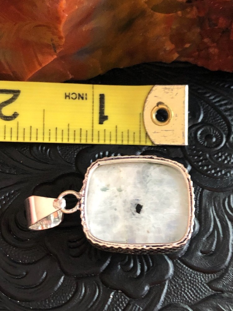 White Iridescent Moonstone Rectangular Cushion Pendant 1.5" Artisan Southwest