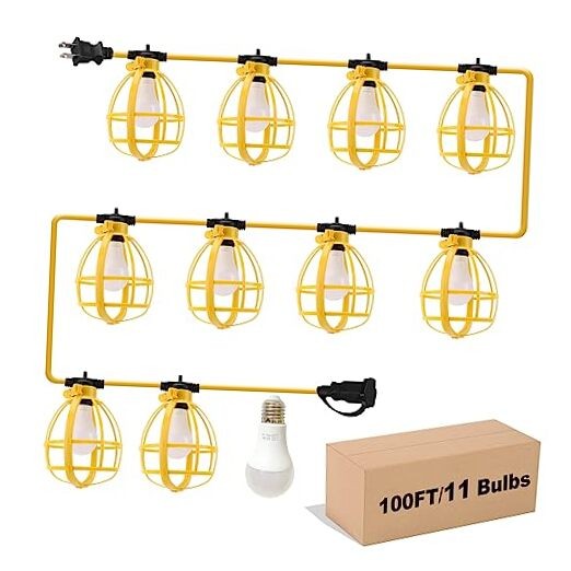 100FT Construction String Lights, 100W 11 Bulbs Work Lights with 100 FT -cover