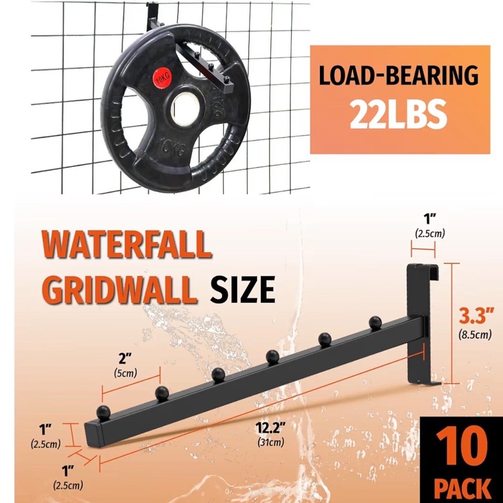 6 Ball Gridwall Waterfall Hooks, 10 Pack, Black Powder-Coated, Plastic Covere...