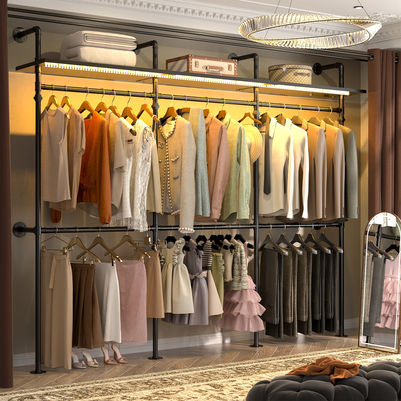 Open Box Wall Mounted Clothes Rack Industrial Pipe Closet System with LED Light