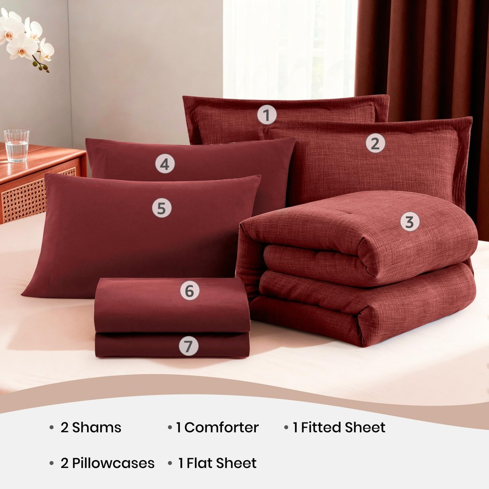 King Comforter Set - 7 Pieces Soft Solid Bedding, Dark Red Bed in a Bag