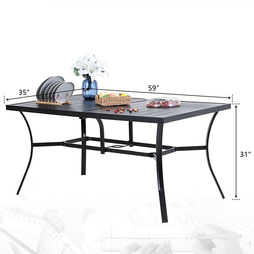 59inch Outdoor Dining Table Metal Rectangular Patio Dining Table w/Umbrella Hole