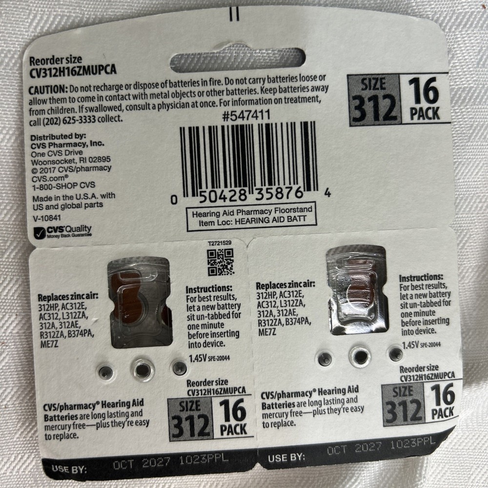 HEARING AID BATTERIES SIZE 312 16 PACK EXP 01/2026 CVS MAX