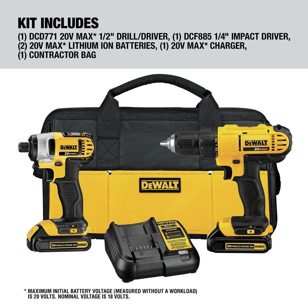 DEWALT 20V MAX Cordless Combo Kit – Compact Drill + Impact Driver, Storage Bag