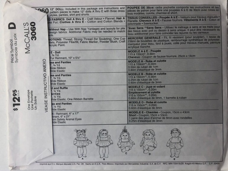McCall's Crafts Patterns 3060 Soft Sculptured Doll 12" 2000 UNCUT