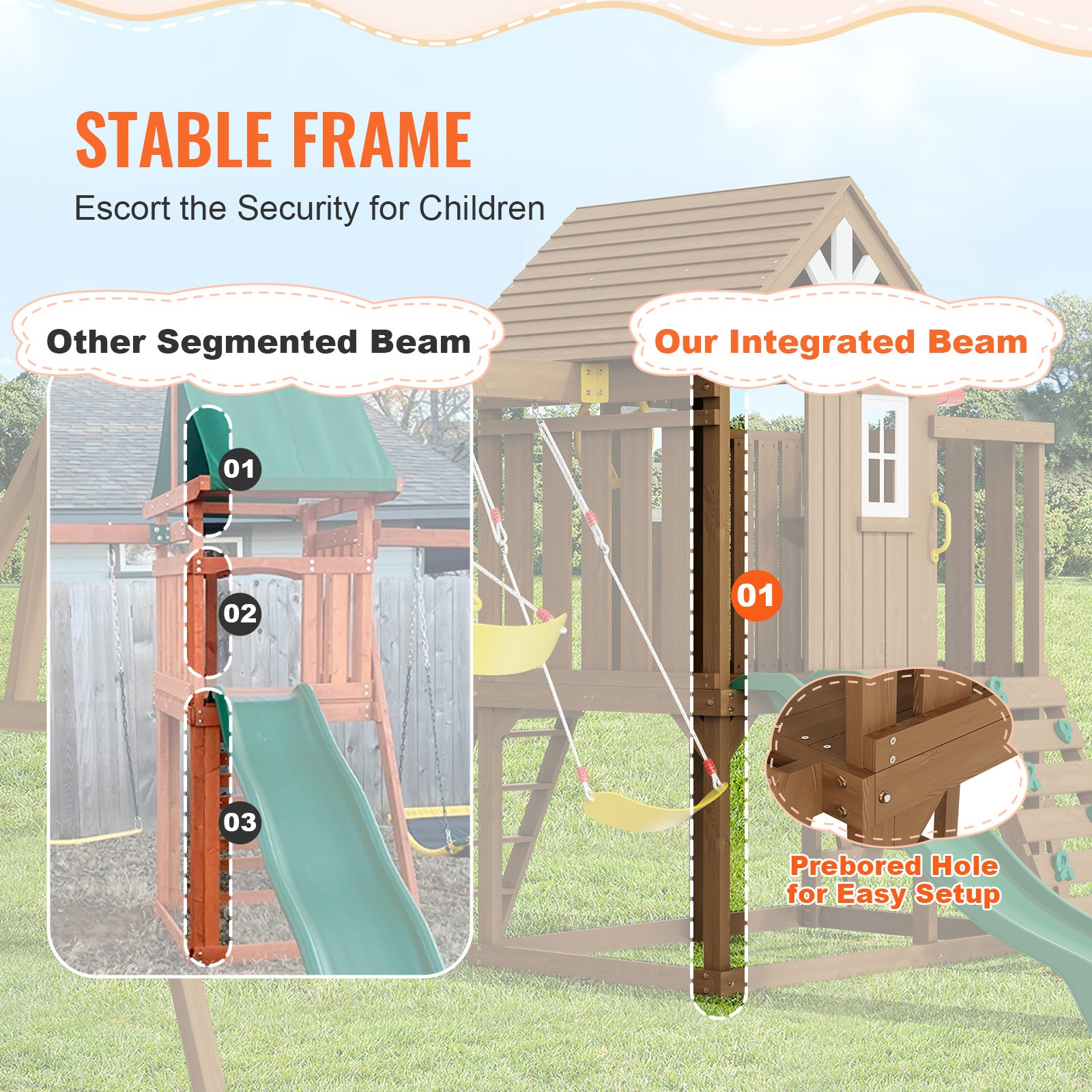 Wooden Swing Set 9 IN 1 Outdoor Playground Sets 6 FT Slide Upper Fort