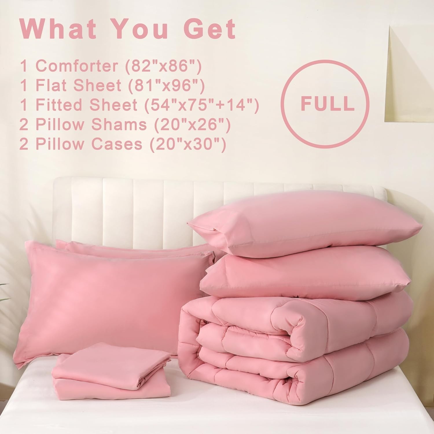 Full Size Comforter Sets, 7Pcs Full Size Bedding Sets Pink, All Season Down A...