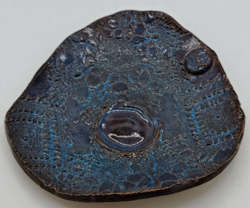 Handmade Pottery Trinket Dish Blue Lace Texture Boho Catchall Artisan Signed
