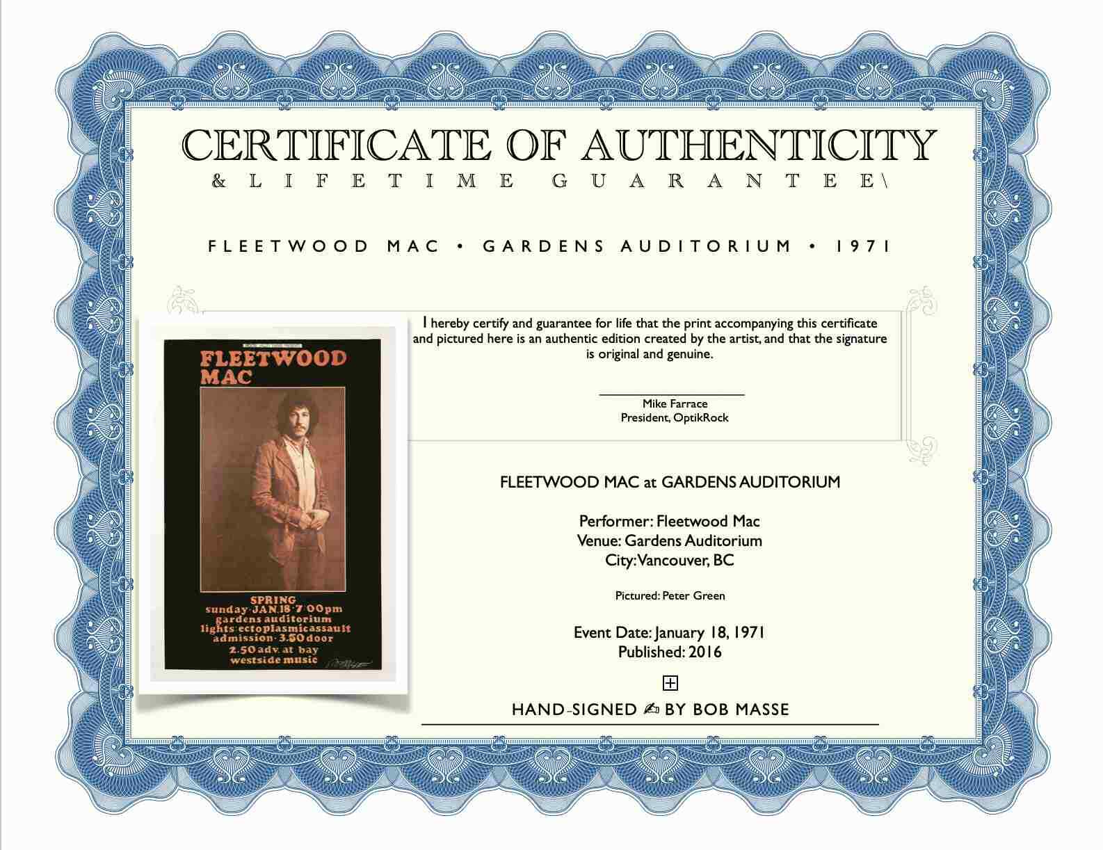 Fleetwood Mac Poster Nice Signed Bob Masse Artist's Edition feat Peter Green COA