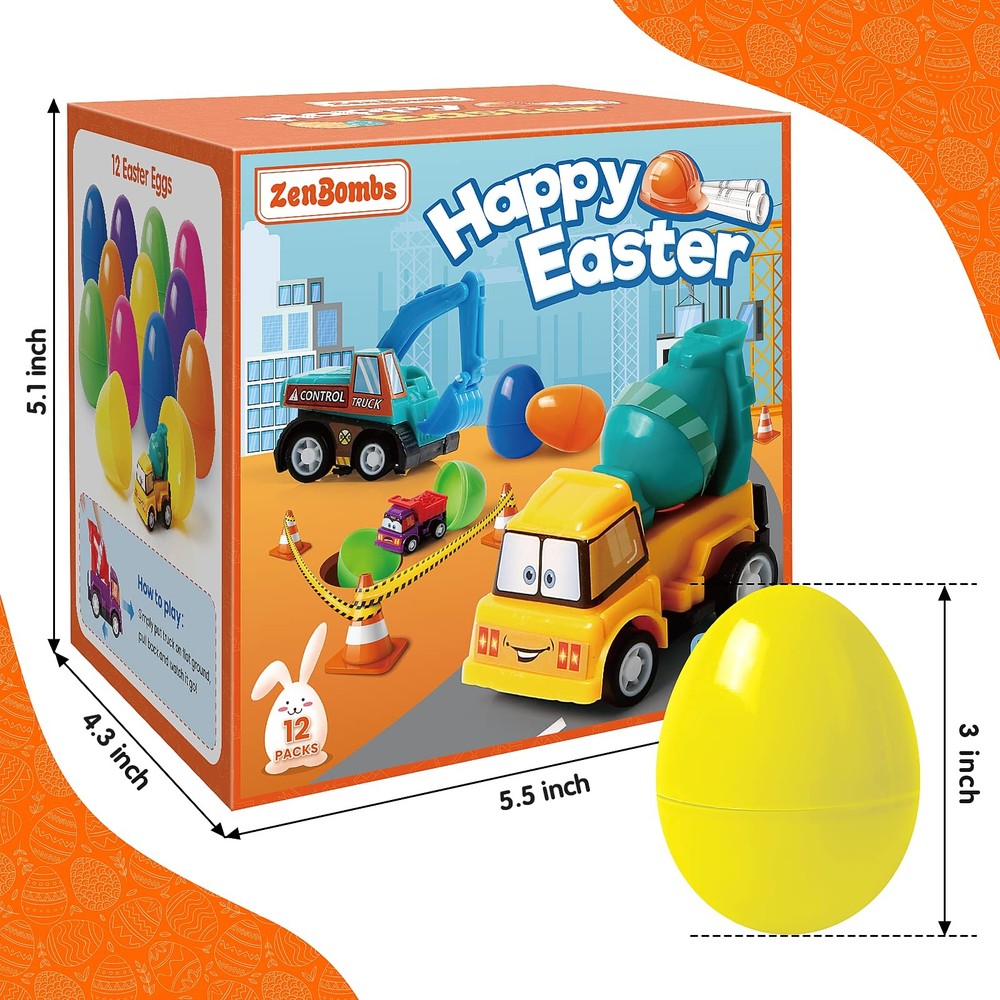 ZenBombs 12 Plastic Easter Eggs Filled with Pull-Back Engineering Multi-color