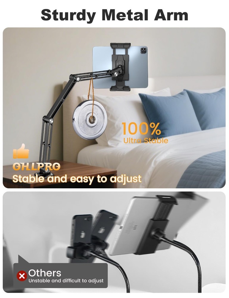 Aluminum Tablet Wall Mount Holder - 360° Adjustable & Extendable 3-Stage Arm ...