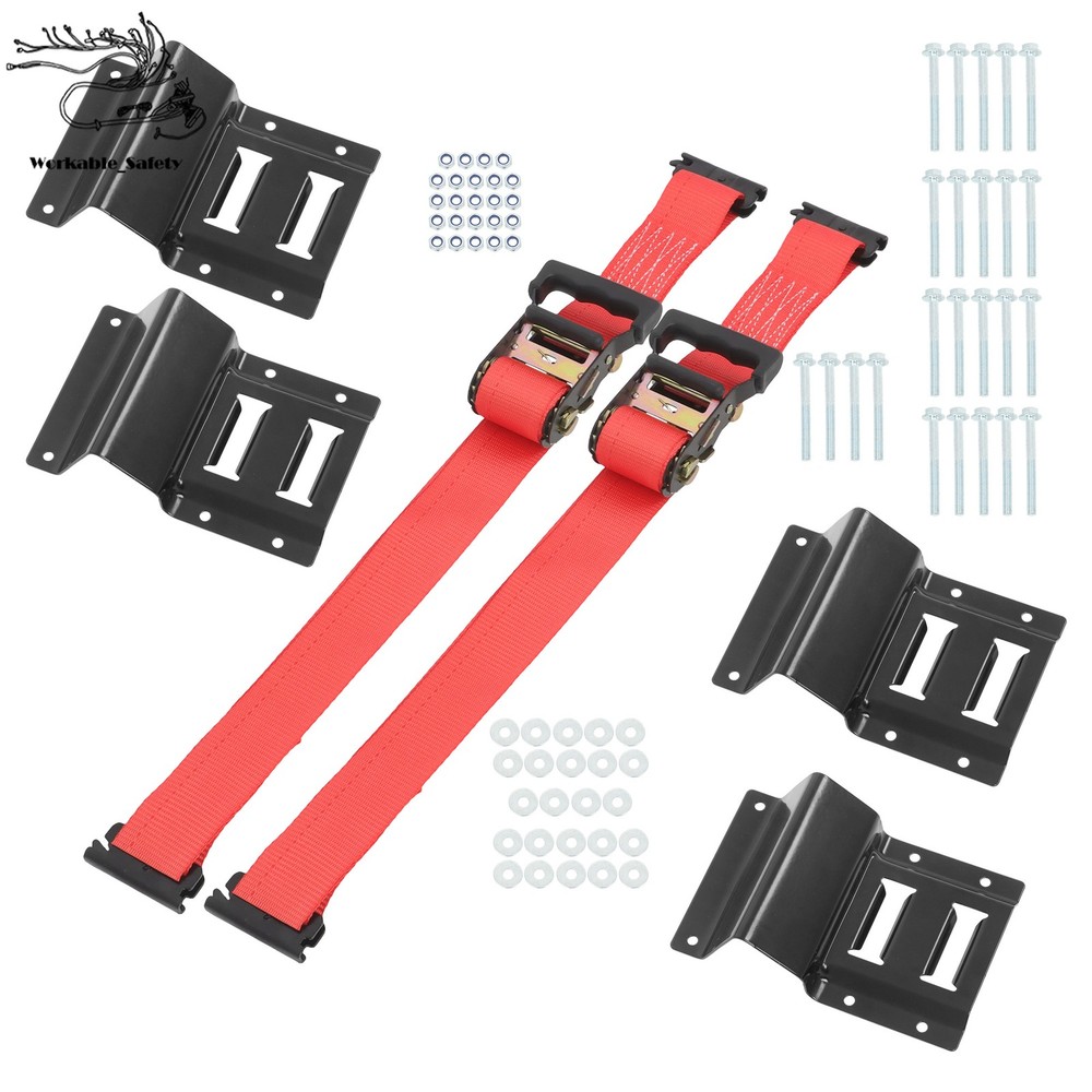 Black Wheel Chock And 6ft Red Ratchet Strap Kit Fit For E Track System Polyester