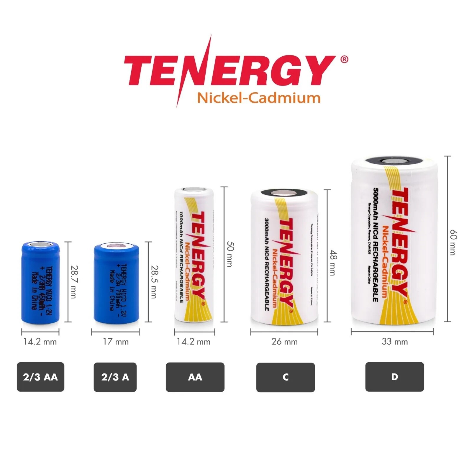 Tenergy 2/3A 4/5A AA C D NiCD 1.2V Battery Sizes Cells With or Without Tabs LOT