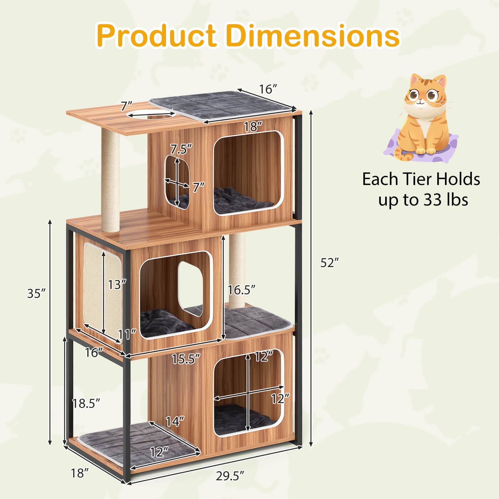 Modern Cat Tree for Indoor Kittens Cat Tower House w/ Metal Frame Large Platform