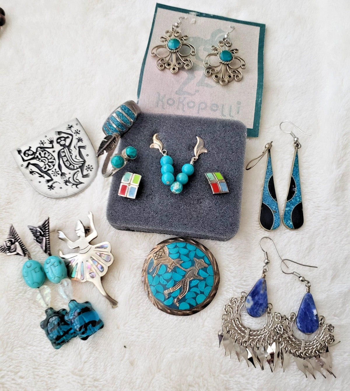 Southwest jewelry lot Sterling Brass Turquoise etc Singed J King DTR Deplause&