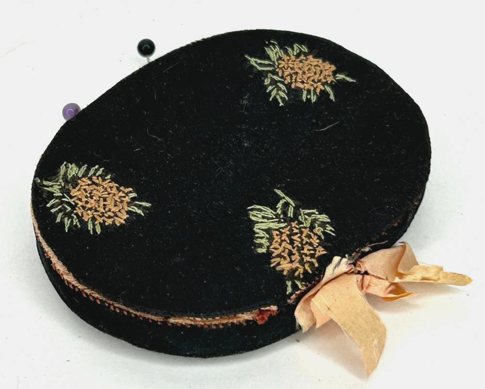 Antique Needle Book Case Pincushion Embroidered Floral Pattern