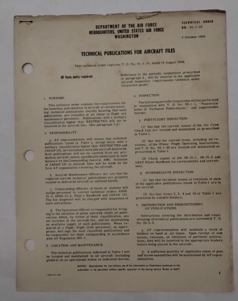 Technical Publications for Aircraft Files Technical Order No. 01-1-10