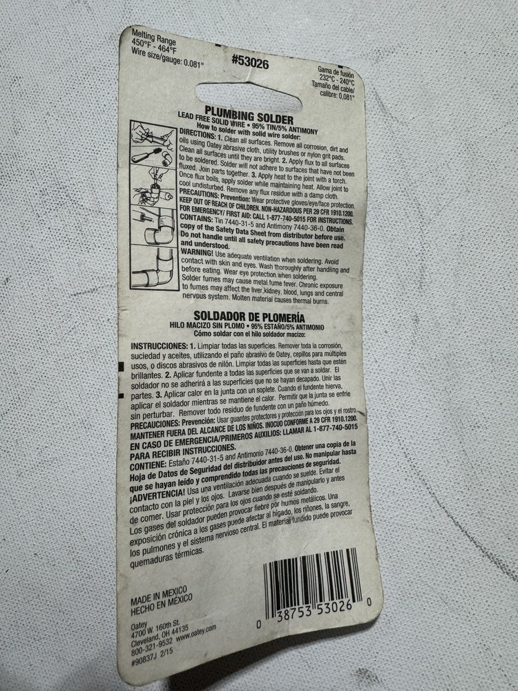 Oatey 53026 Wire Solder, 1 Oz Carded, Solid, Gray