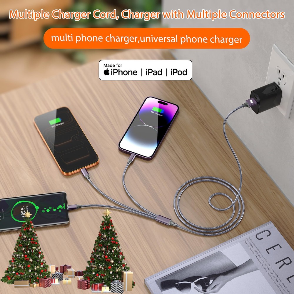 Multi Charging Cable (6ft 2Pack),3 in 1 USB 6 feet, Grey-6ft