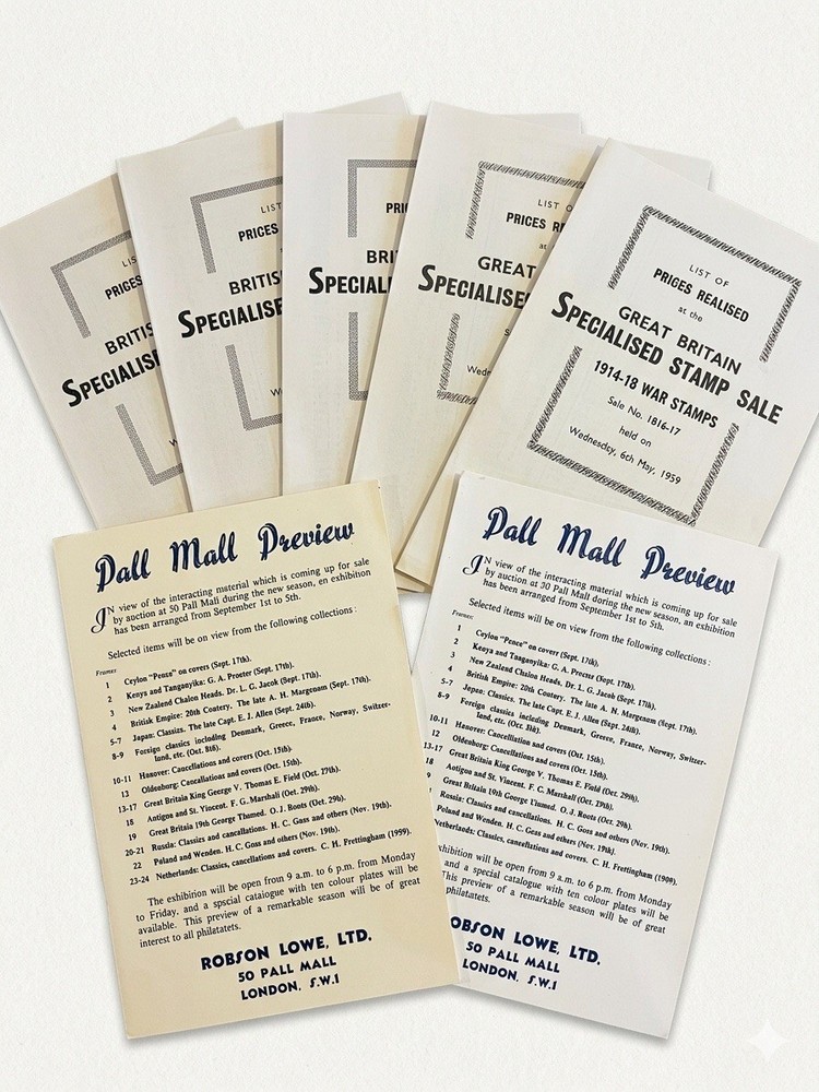 Robson Lowe 1958-59 Philatelic Auction Prices Realised & Pall Mall Preview 8pc