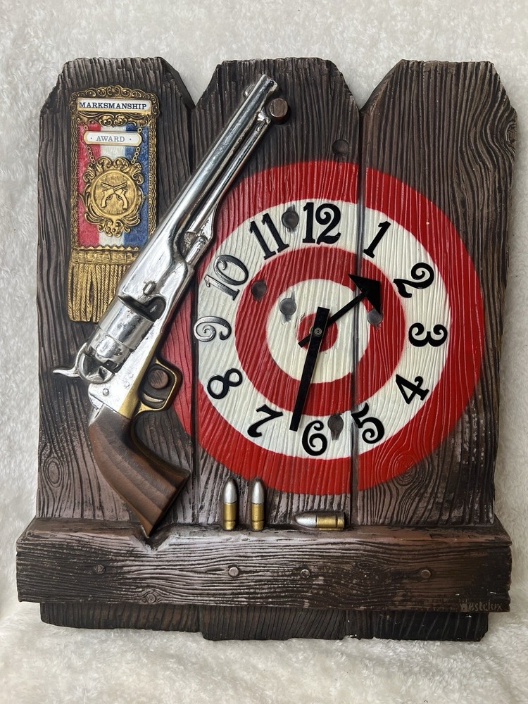 WESTCLOX Target Pistol Marksmanship Award Wall Clock Revolver Man Cave Decor