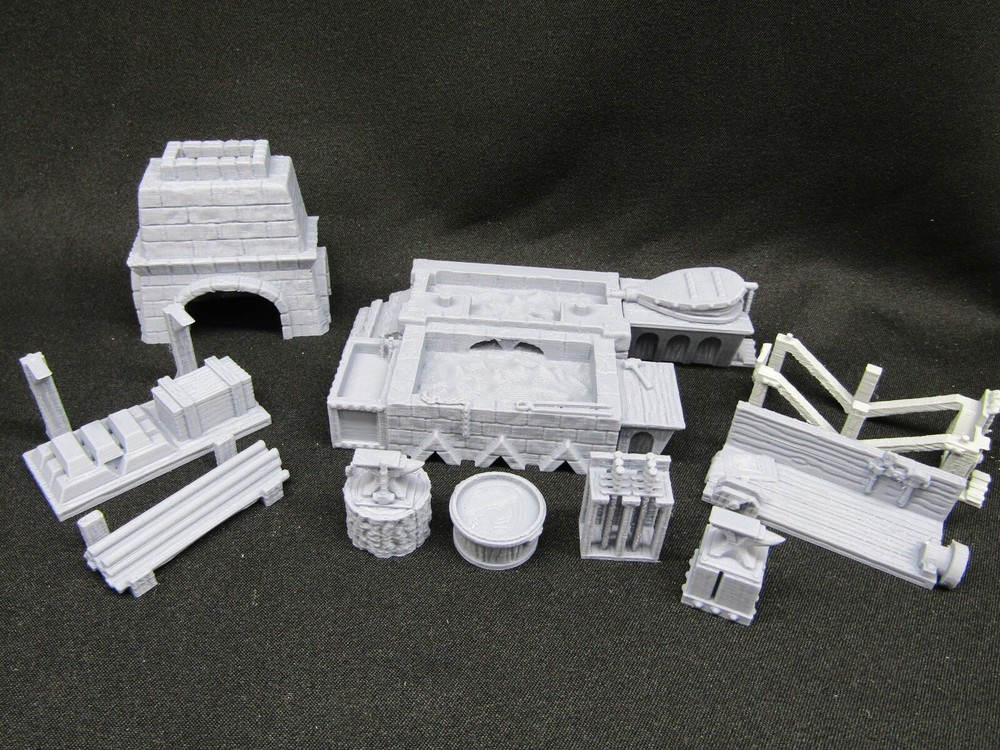 7 Piece Blacksmith's Forge and Workshop Set Miniature Scenery Terrain 3D Printed