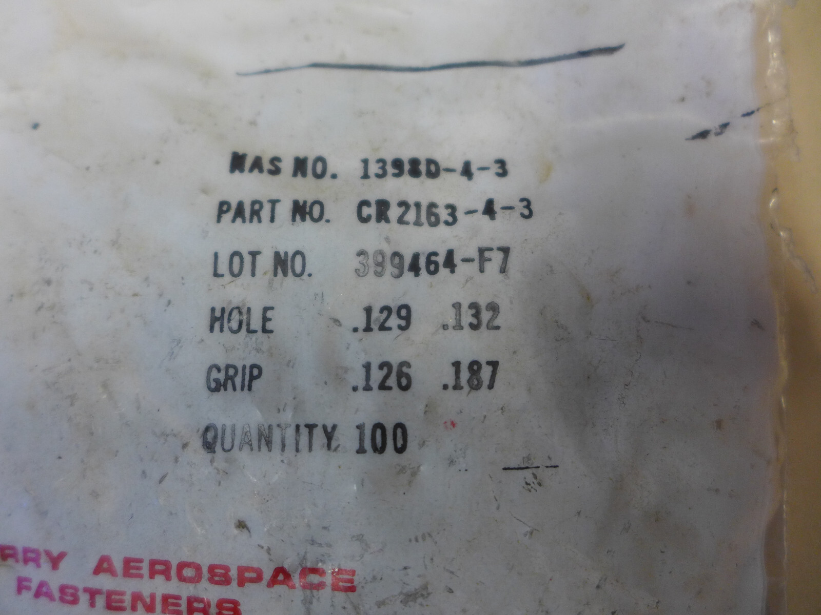 Cherry Textron/Cherrymax BLIND RIVET #CR2163-4-3, NAS1398D-4-3 NEW Bag of 100