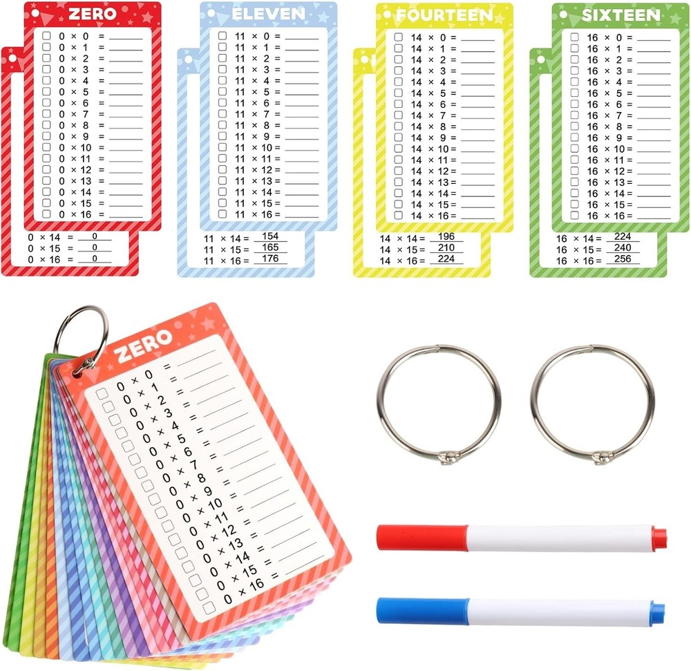 0-16 Times Table Multiplication Game Flashcards for Kids Math Learning, 17 Pc...