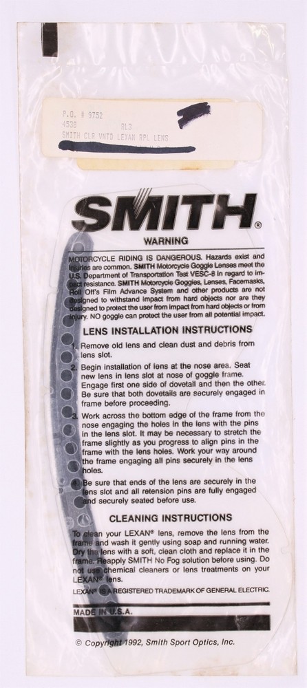 Smith Clear Vented Lexan Replacement Lens Part Number - RL3