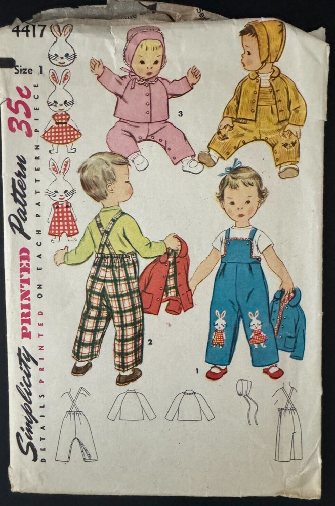 4417 Simplicity Toddler Sewing Pattern Overalls Jacket Hat with Transfer 12 Mo