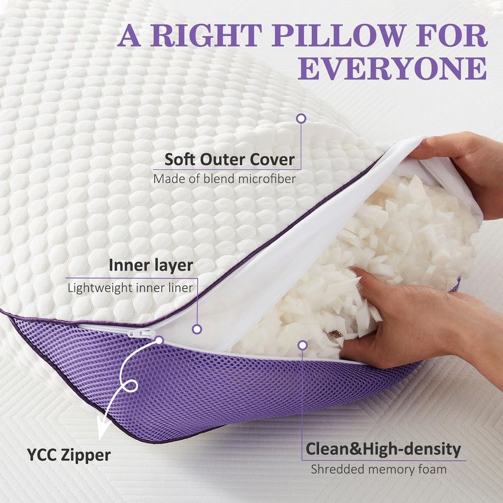 Adjustable Shredded Memory Foam Pillows Queen Size, Cooling Bed Pillows for S...