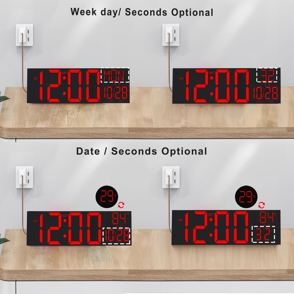 Large Digital Wall Mount Clock 30 Inch LED Countdown Alarm JALL Black Remote