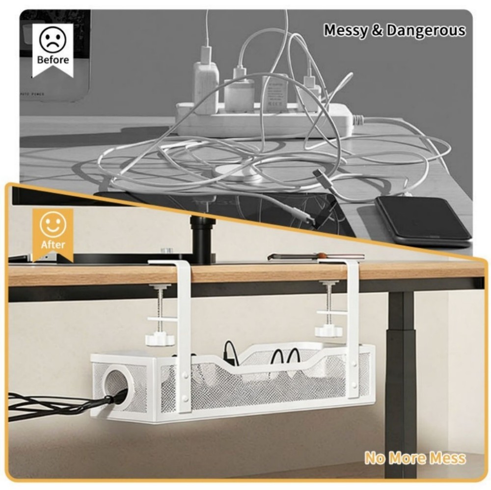 Under Desk Cable Management Tray No Drill Mesh Wire Organizer Clamp White