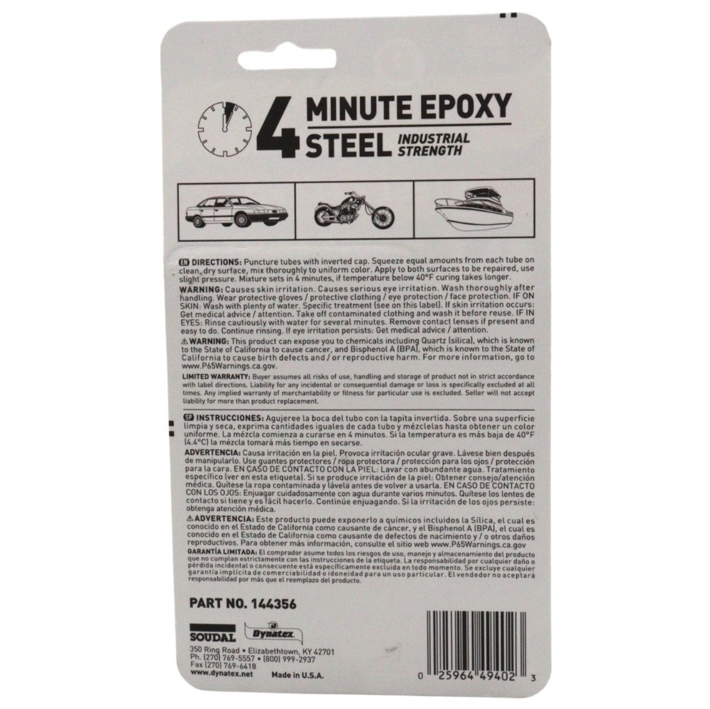 Dynatex 4 Min Steel Epoxy 2 oz - Fast Set Drillable (Single)