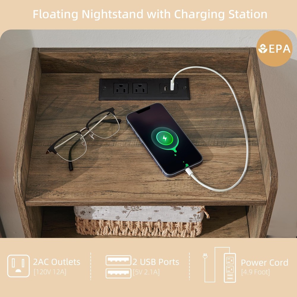 Modern Fluted Floating Nightstand Wall Mounted - Bedside Table with Storage D...