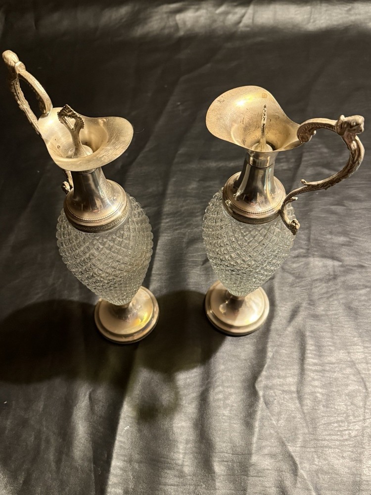 Vintage Italian Cut Crystal & Silverplate Ewers – Pair