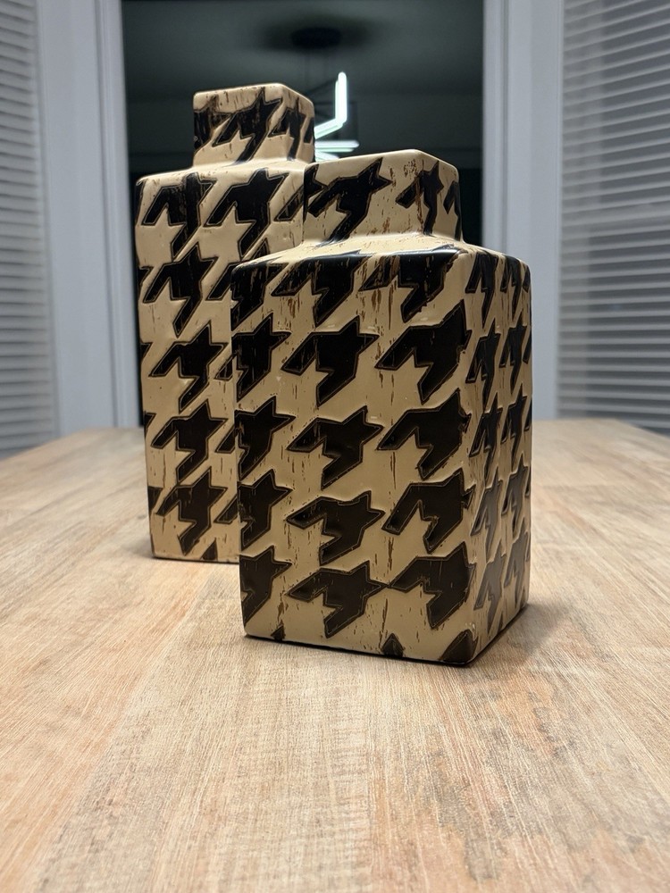 Two (2) Houndstooth Square Ceramic Vases