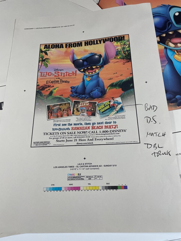 Lilo & Stitch Lot Printer Proof Tear Sheet Ad Pad Printer Proof Sheets B
