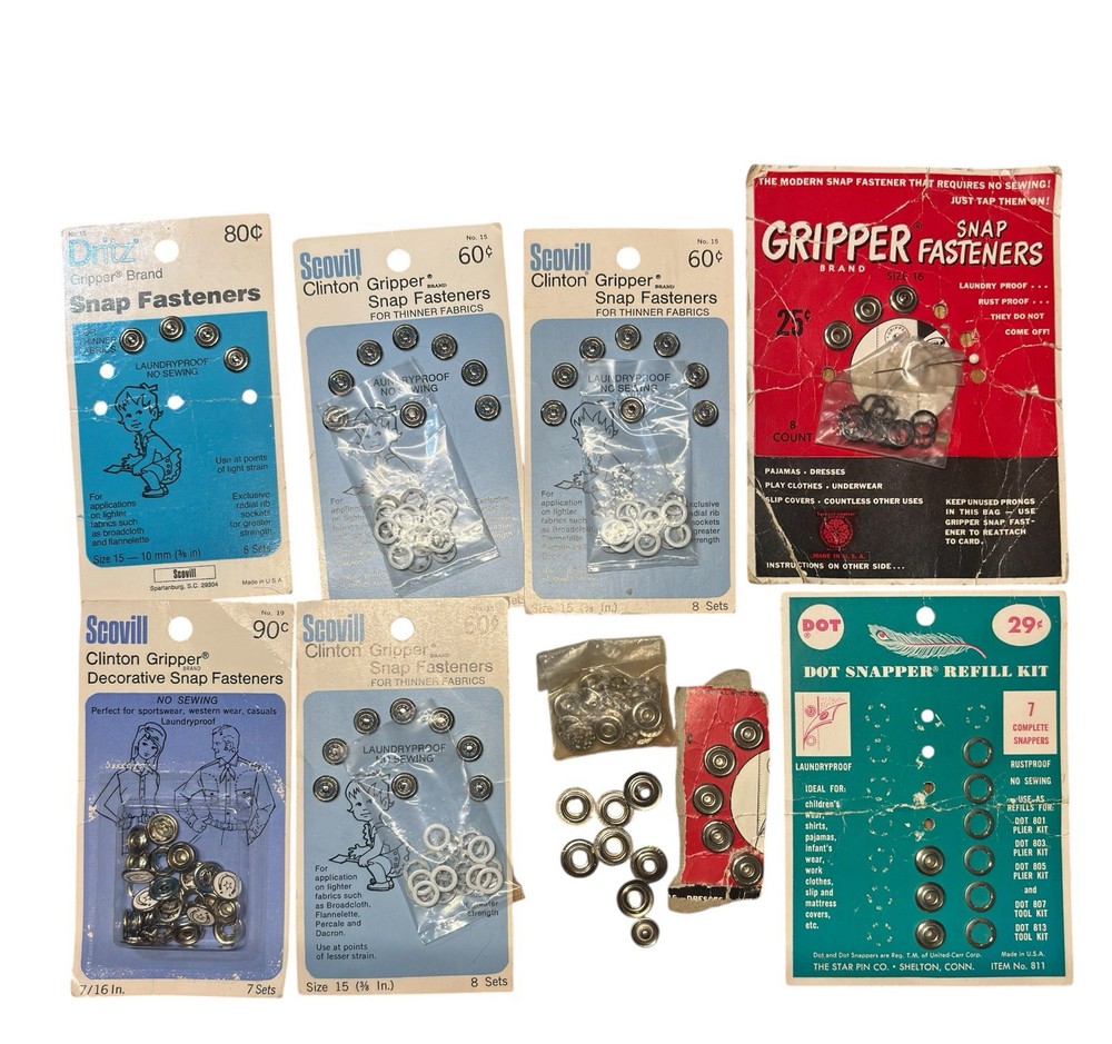 Vintage Sewing Snap Fasteners, Button Covers Lot With Tools