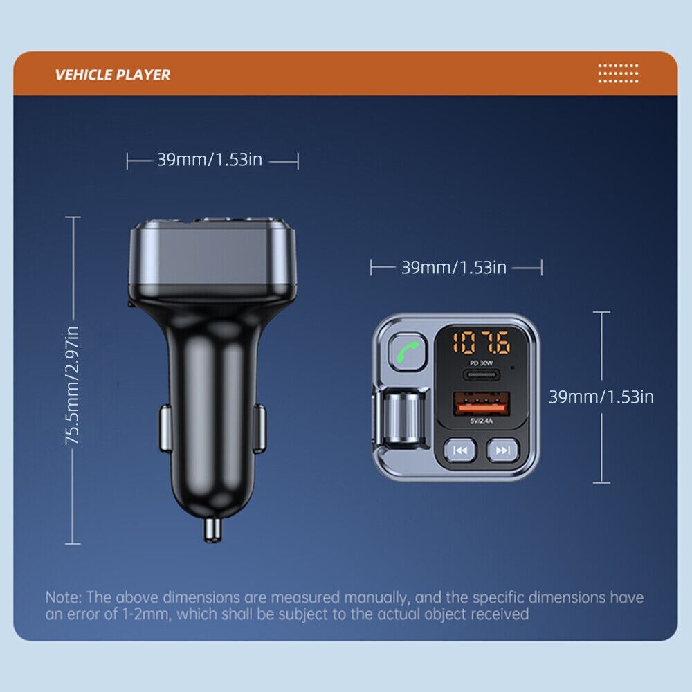 Bluetooth 5.1 Car Wireless FM Transmitter Adapter PD 30W USB Charger Hands-Free