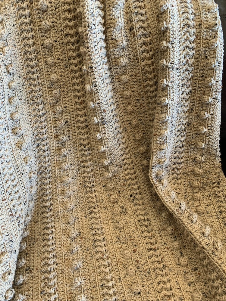 Handmade Home Crocheted Afghan - Popcorn Stripe (Buff Fleck)