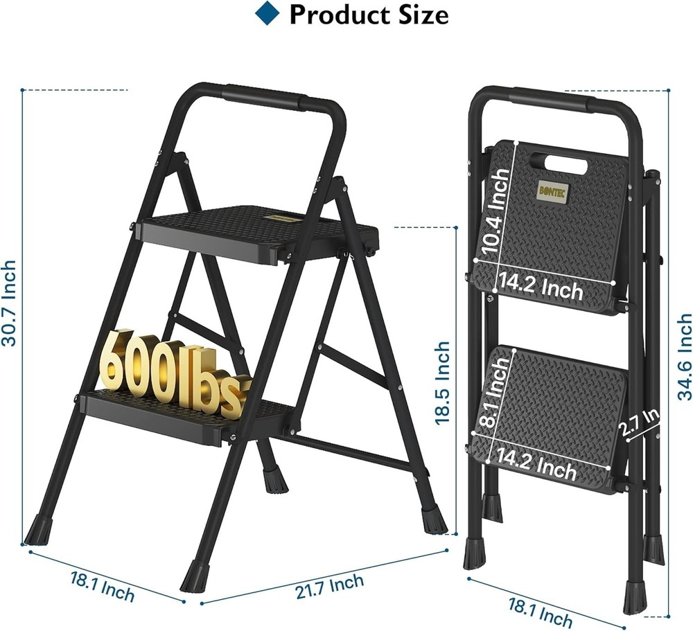 Lightweight 2-Step Step Stool with Sturdy Steel Construction and Handrail