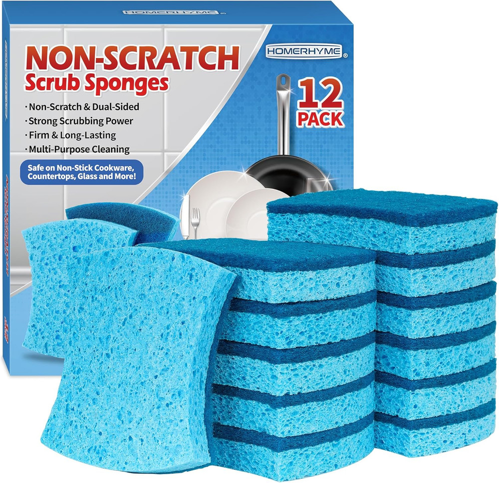 Non-Scratch Cellulose Scrub Sponges 12 Pack, Sponges Kitchen with Double-Side &