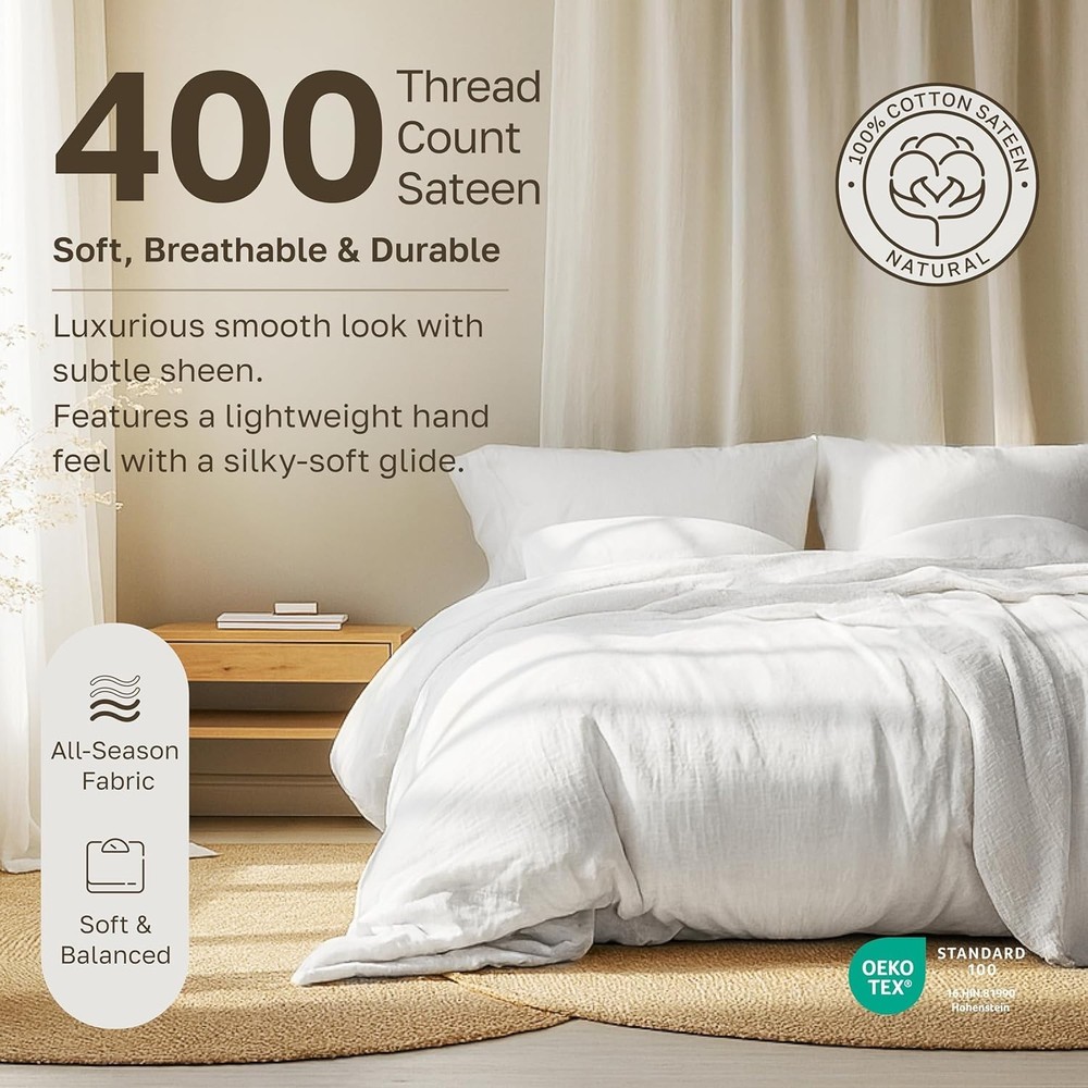Natural 100% Cotton Sheets Queen Size Bed Set - Soft 400 Thread Count Sateen,...