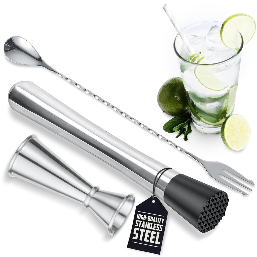 3 Pcs Muddler Set - Bar Muddler, Cocktail Spoon & Jigger for Mixing Drinks