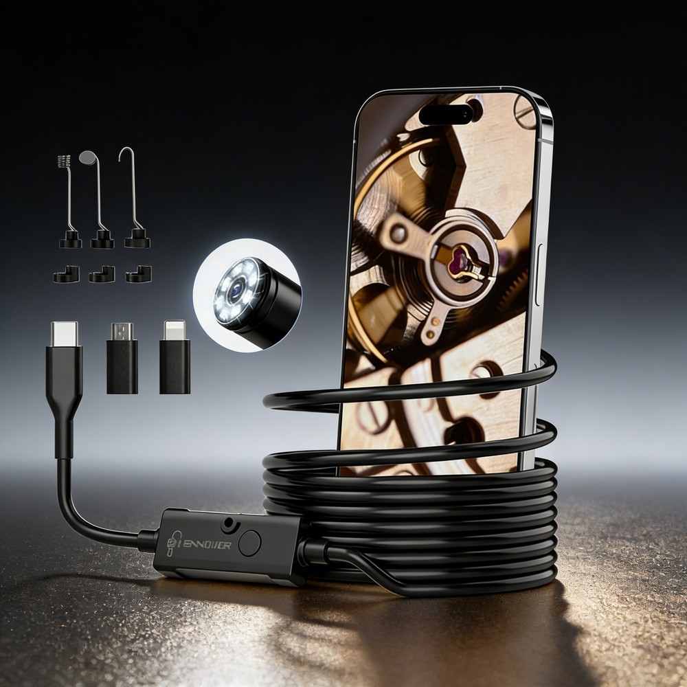 5M Endoscope Camera with Light, 1920P HD Borescope Camera for iOS and Android