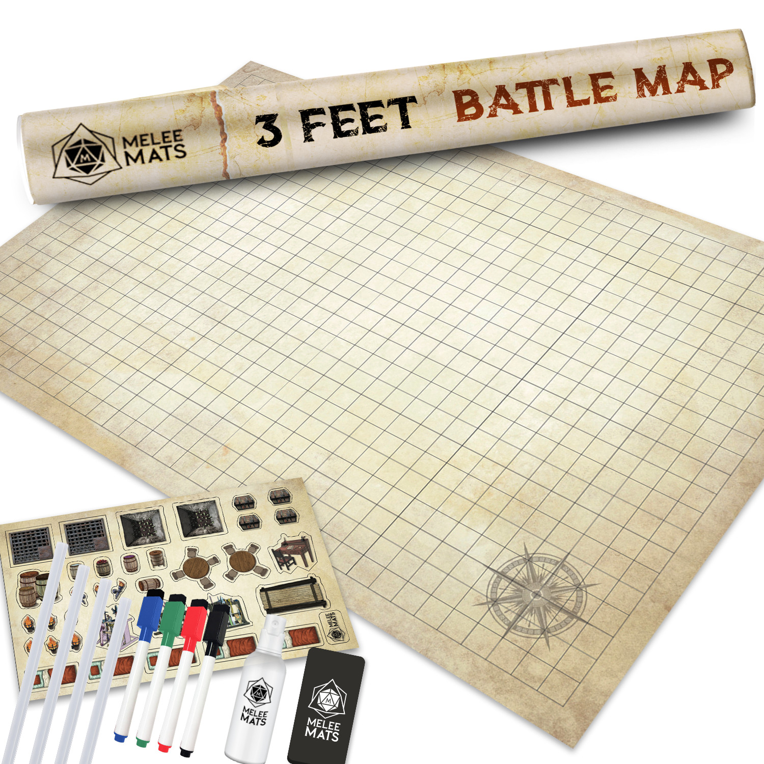 24x36 Dry Erase Gaming Mat for DND with Grid Map, Markers, Eraser, Travel Tube