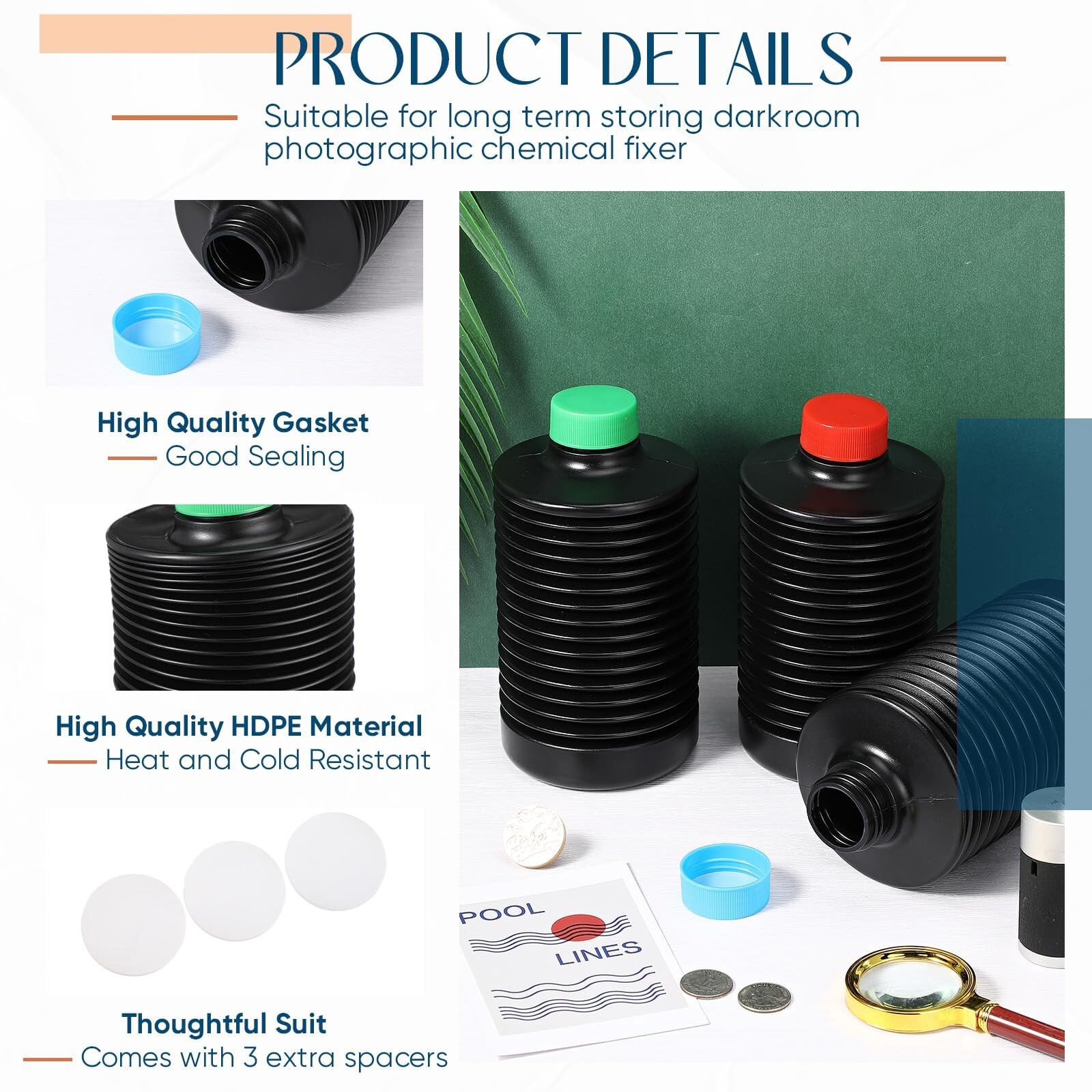 3Pcs eTone 1L Collapsible Storage Bottles For Darkroom Chemical Film Developing